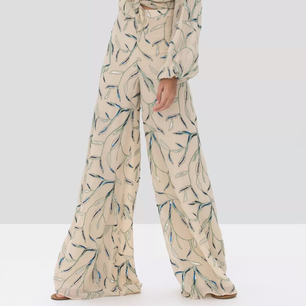 Alexis Fallen Sequin Chiffon Cream Wide Leg Pants